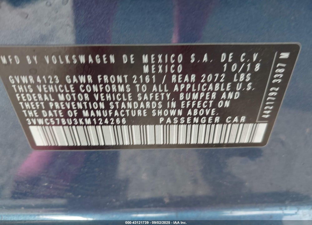 2019 VOLKSWAGEN JETTA 1.4T R-LINE/1.4T S/1.4T SE VIN: 3VWC57BU3KM124266