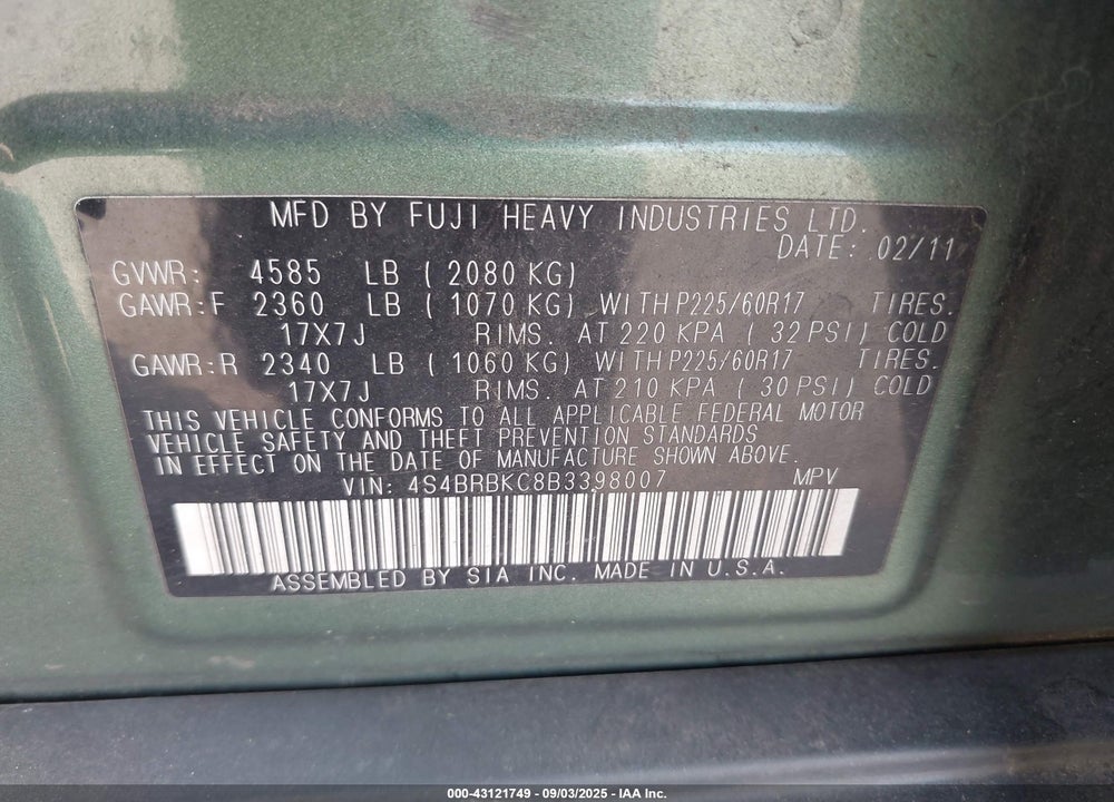 2011 SUBARU OUTBACK VIN: 4S4BRBKC8B3398007