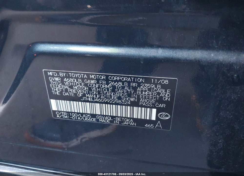 2009 LEXUS ES 350 VIN: JTHBJ46G992298324