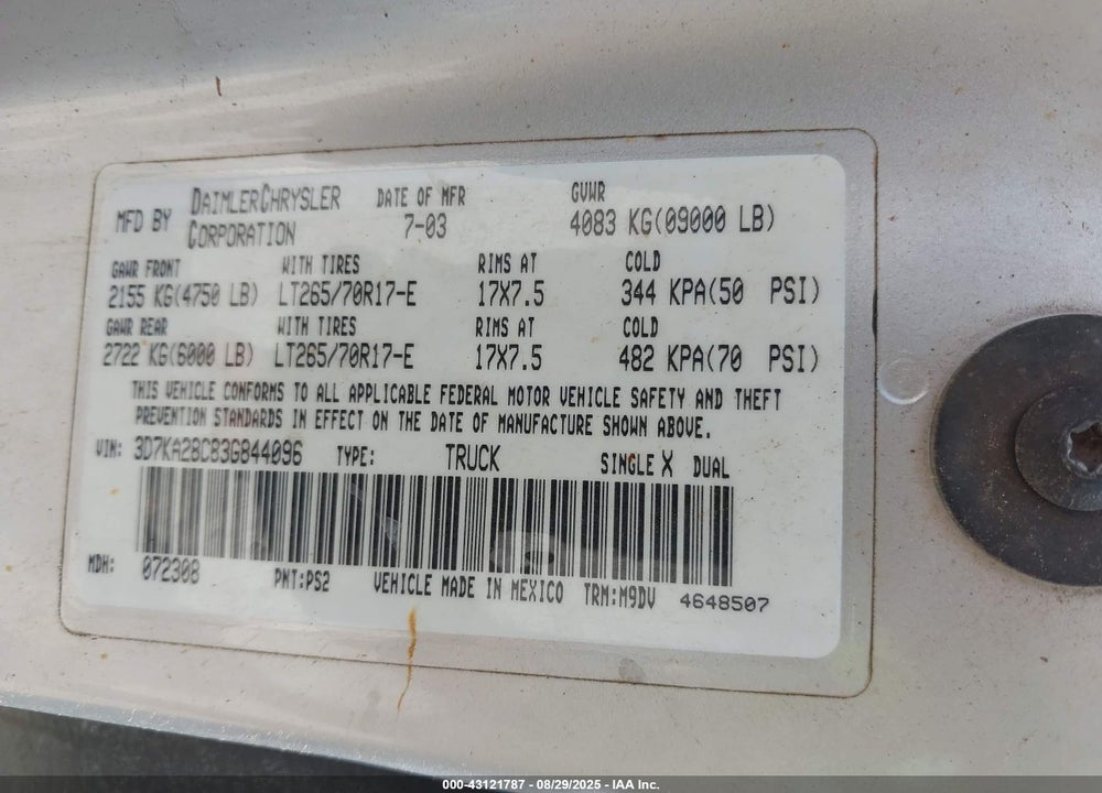 2003 DODGE RAM 2500 SLT/LARAMIE/ST VIN: 3D7KA28C83G844096