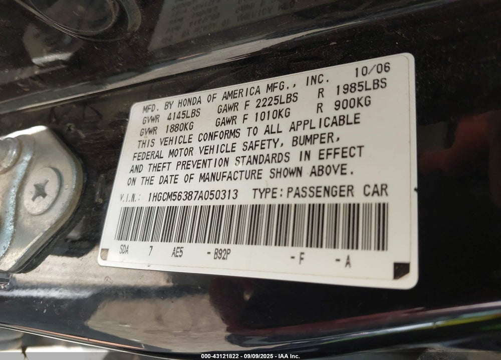2007 HONDA ACCORD 2.4 SE VIN: 1HGCM56387A050313