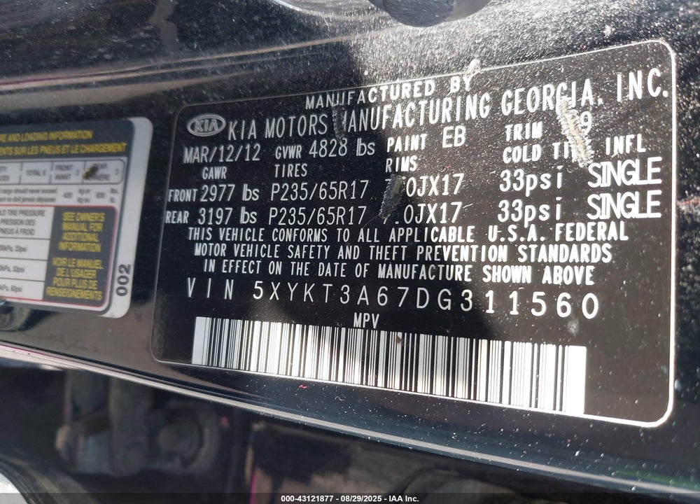 2013 KIA SORENTO LX VIN: 5XYKT3A67DG311560