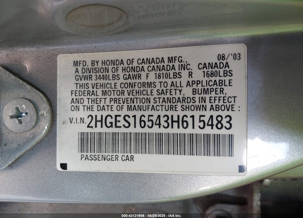 2003 HONDA CIVIC LX VIN: 2HGES16543H615483