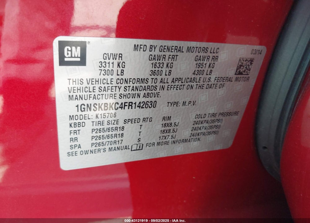 2015 CHEVROLET TAHOE LT VIN: 1GNSKBKC4FR142630