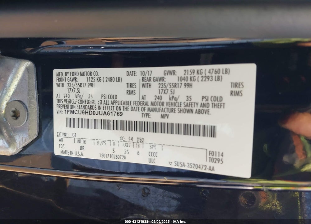 2018 FORD ESCAPE VIN: 1FMCU9HD0JUA61769