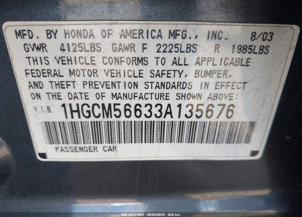 2003 HONDA ACCORD 2.4 EX VIN: 1HGCM56633A135676