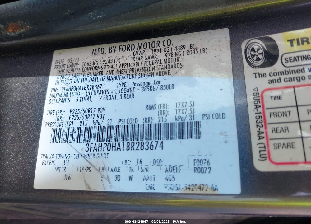 2011 FORD FUSION VIN: 3FAHP0HA1BR283674