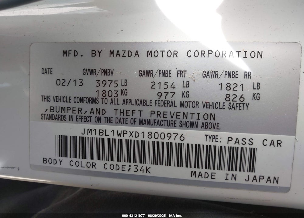 2013 MAZDA 3 VIN: JM1BL1WPXD1800976