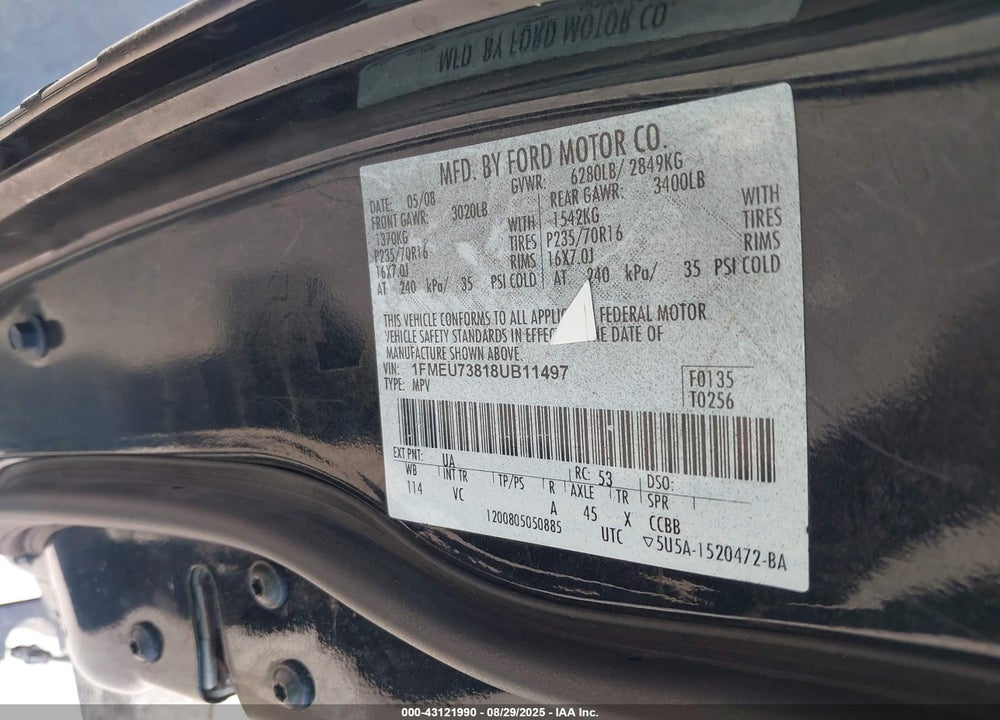2008 FORD EXPLORER VIN: 1FMEU73818UB11497