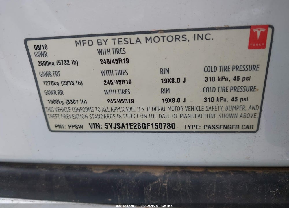 2016 TESLA MODEL S VIN: 5YJSA1E28GF150780