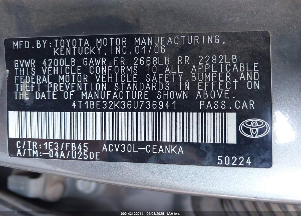 2006 TOYOTA CAMRY LE VIN: 4T1BE32K36U736941