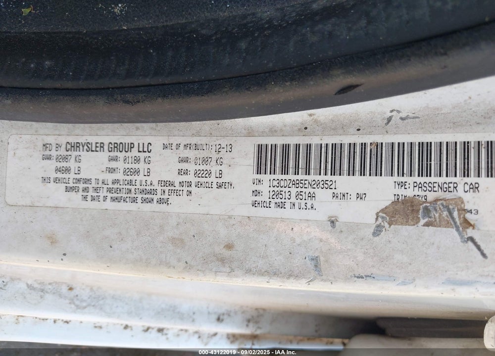 2014 DODGE AVENGER VIN: 1C3CDZAB5EN203521