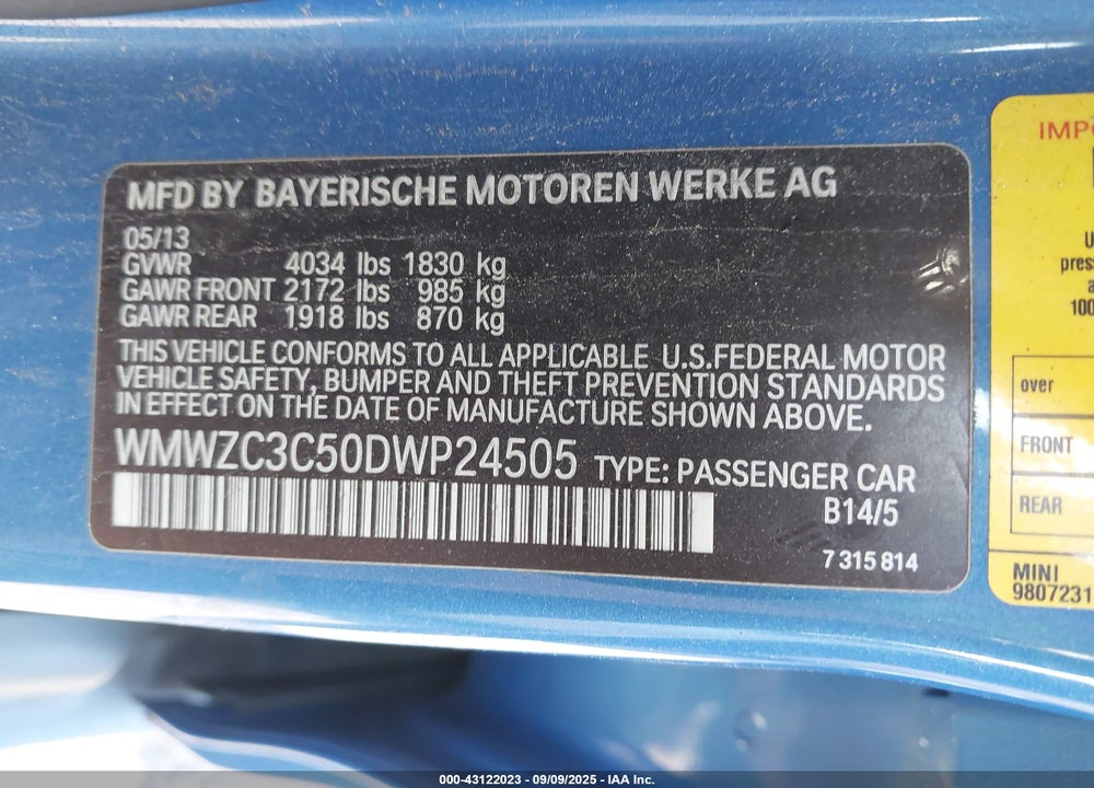 2013 MINI COUNTRYMAN VIN: WMWZC3C50DWP24505