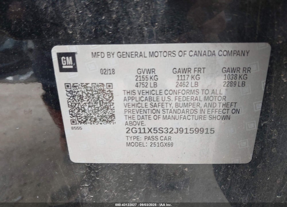 2018 CHEVROLET IMPALA 1FL VIN: 2G11X5S32J9159915