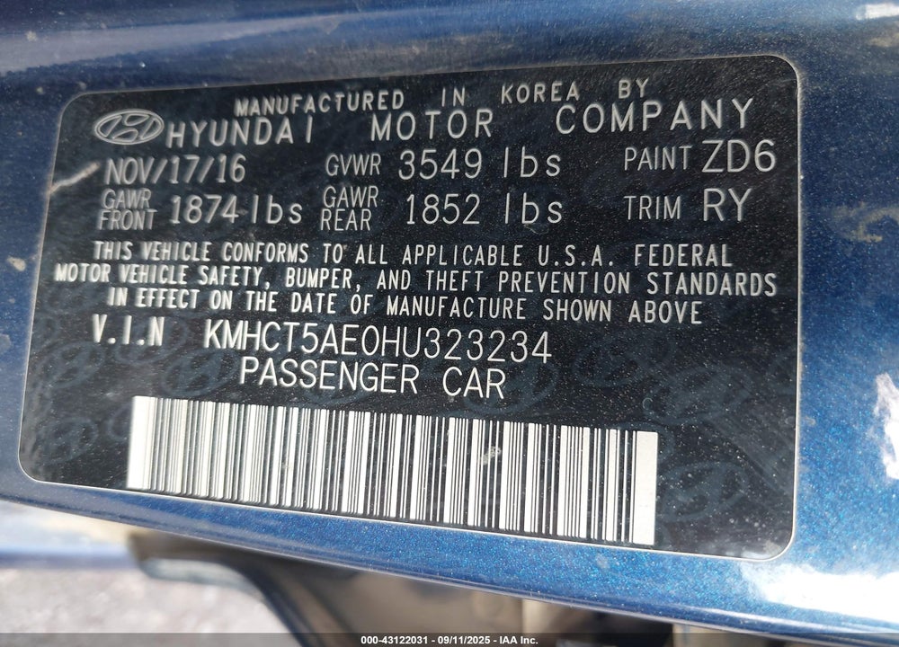 2017 HYUNDAI ACCENT VIN: KMHCT5AE0HU323234