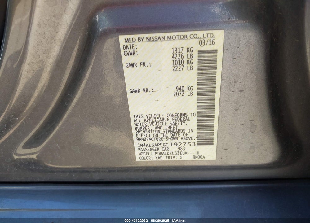 2016 NISSAN ALTIMA VIN: 1N4AL3AP9GC192753