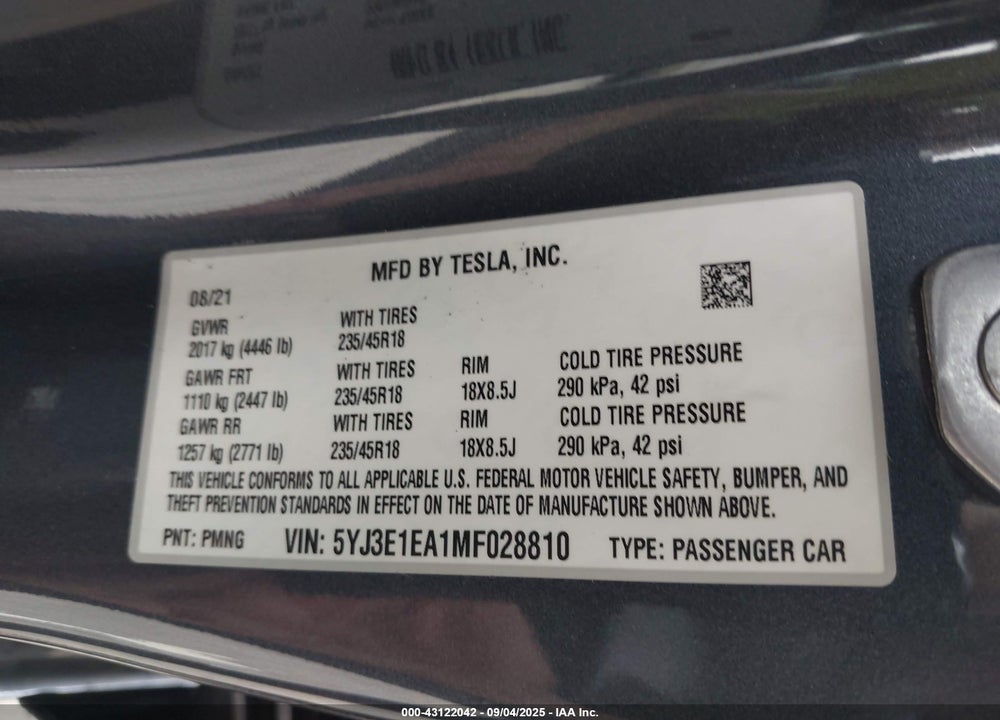 2021 TESLA MODEL 3 VIN: 5YJ3E1EA1MF028810