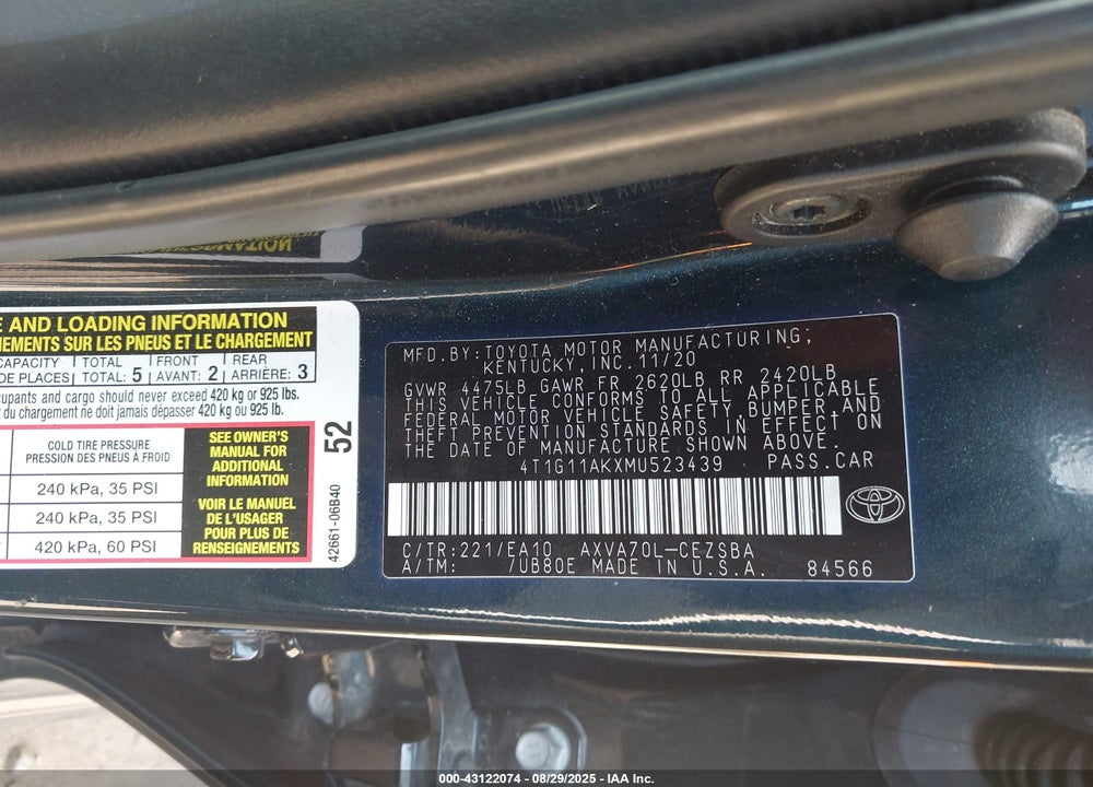 2021 TOYOTA CAMRY VIN: 4T1G11AKXMU523439