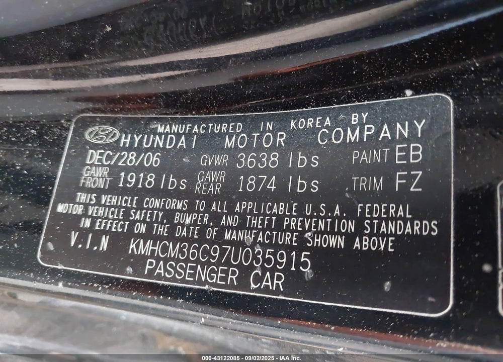 2007 HYUNDAI ACCENT GS VIN: KMHCM36C97U035915