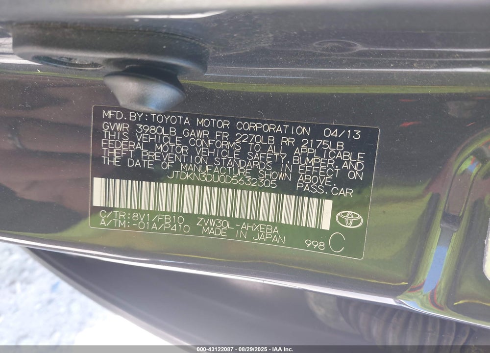2013 TOYOTA PRIUS VIN: JTDKN3DU0D5632305