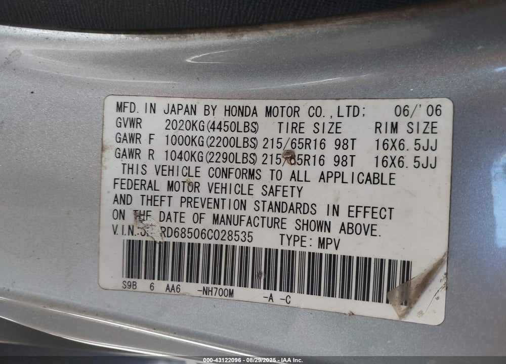 2006 HONDA CR-V LX VIN: JHLRD68506C028535