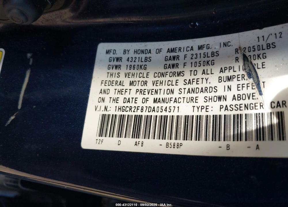 2013 HONDA ACCORD VIN: 1HGCR2F87DA054571