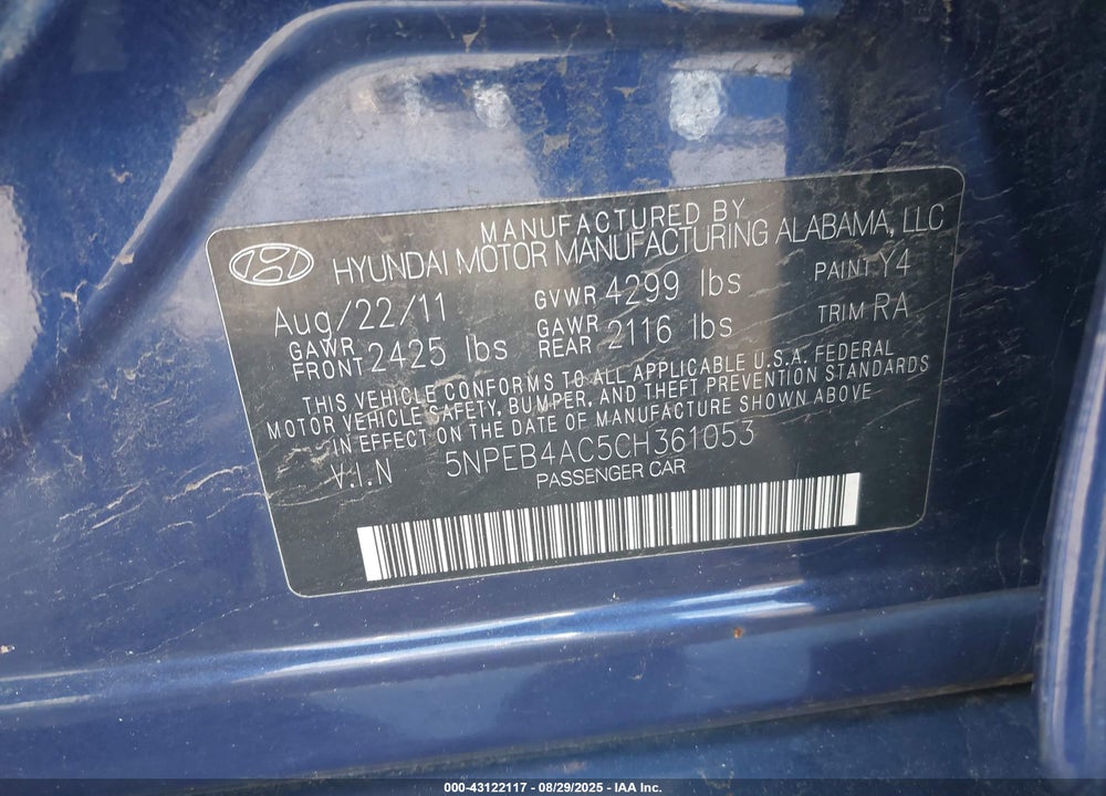 2012 HYUNDAI SONATA VIN: 5NPEB4AC5CH361053