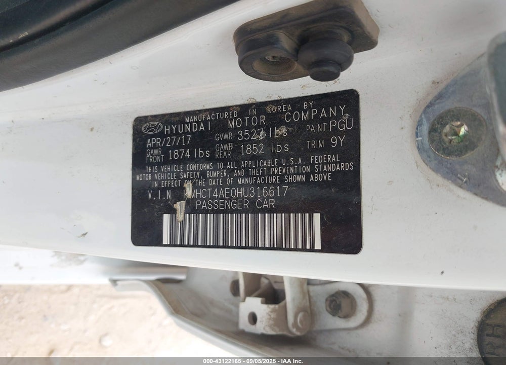 2017 HYUNDAI ACCENT VIN: KMHCT4AE0HU316617