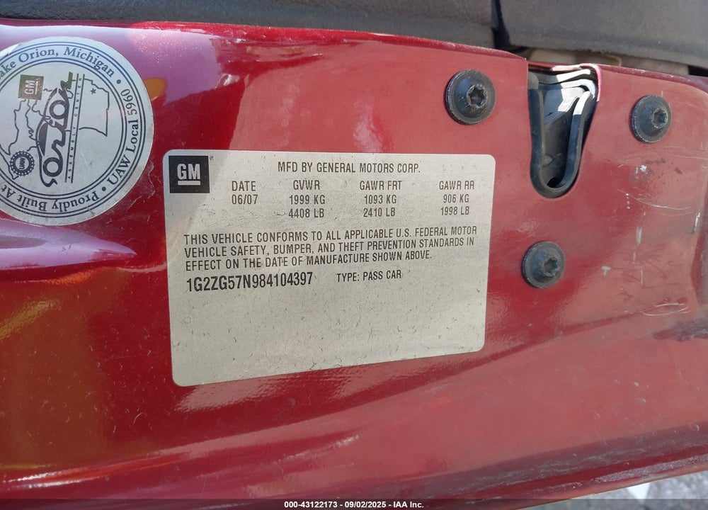 2008 PONTIAC G6 VIN: 1G2ZG57N984104397
