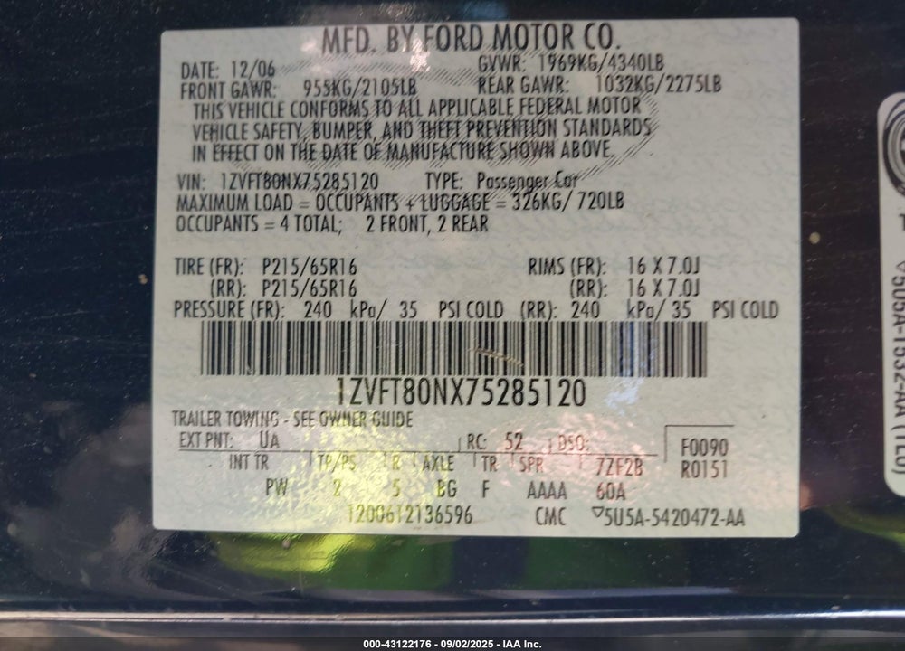 2007 FORD MUSTANG V6 DELUXE/V6 PREMIUM VIN: 1ZVFT80NX75285120