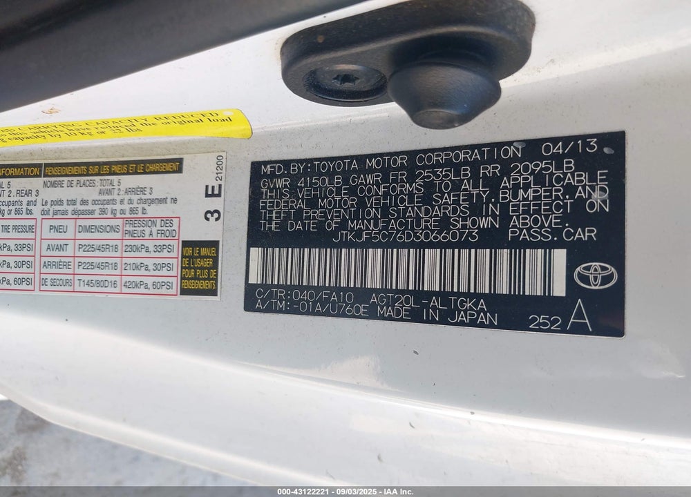 2013 SCION TC VIN: JTKJF5C76D3066073