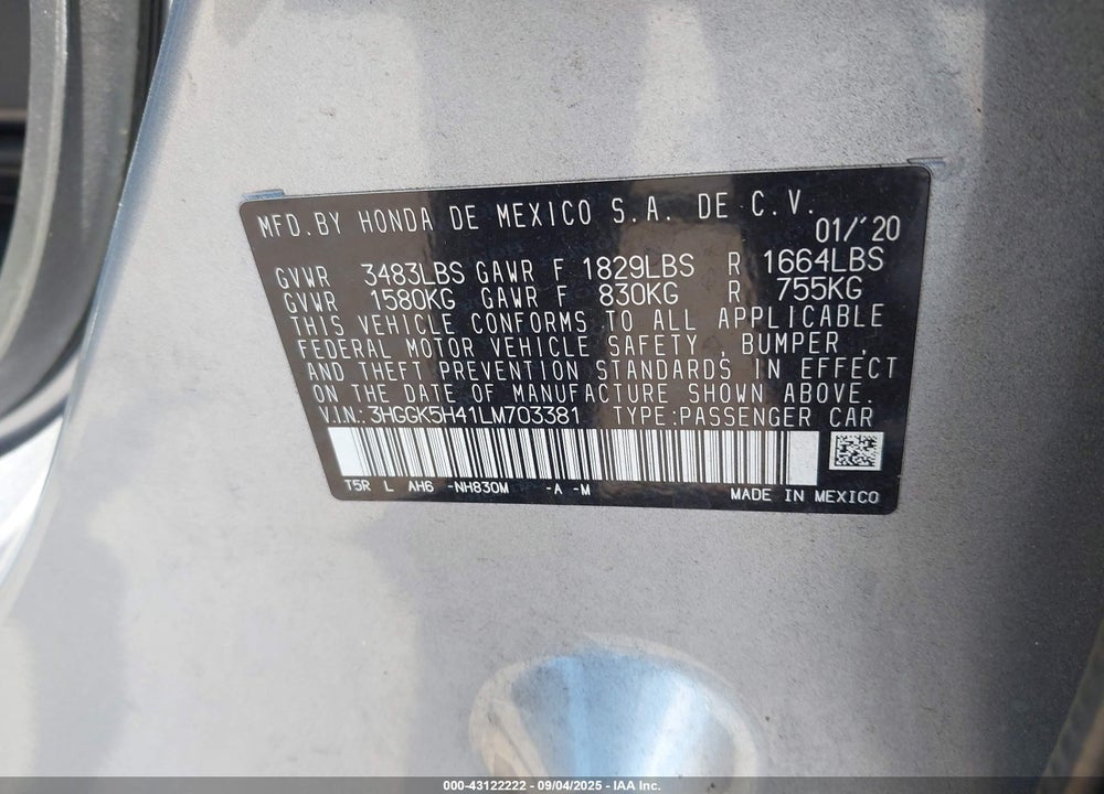 2020 HONDA FIT VIN: 3HGGK5H41LM703381
