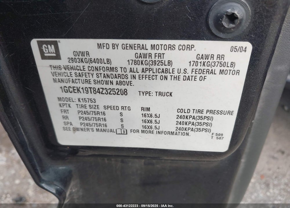 2004 CHEVROLET SILVERADO 1500 VIN: 1GCEK19T84Z325208