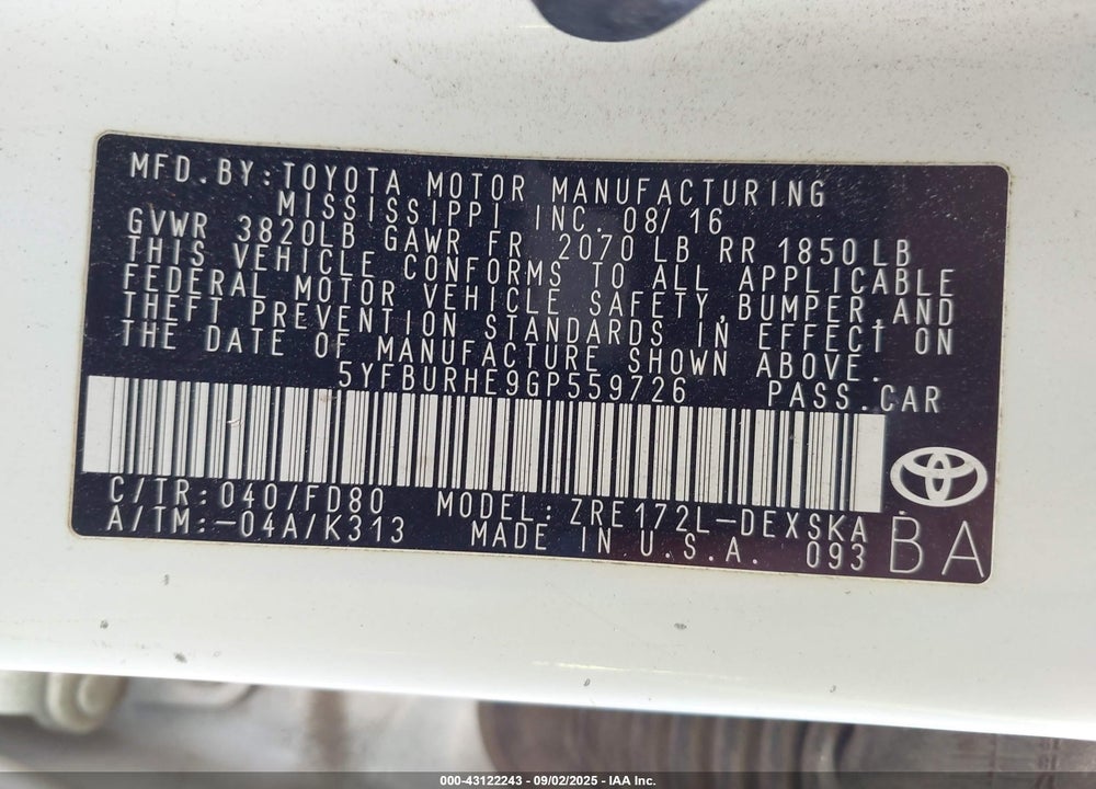 2016 TOYOTA COROLLA VIN: 5YFBURHE9GP559726