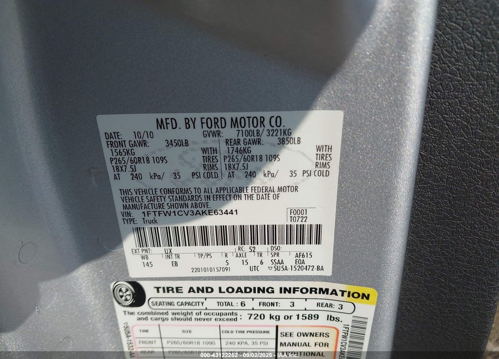 2010 FORD F-150 VIN: 1FTFW1CV3AKE63441