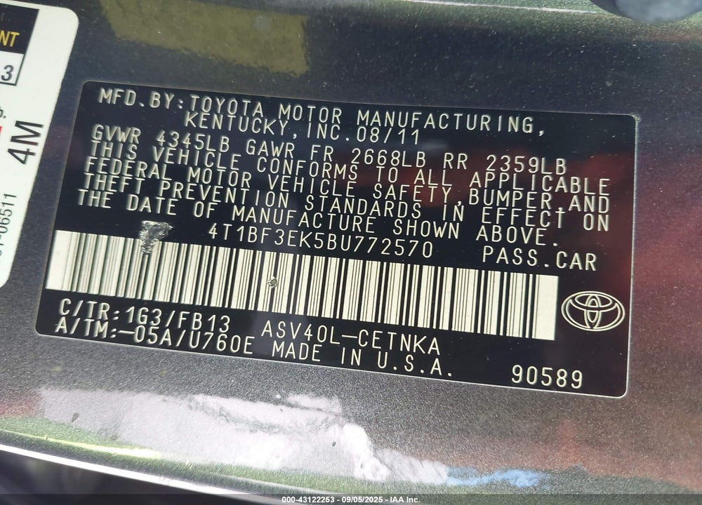 2011 TOYOTA CAMRY VIN: 4T1BF3EK5BU772570