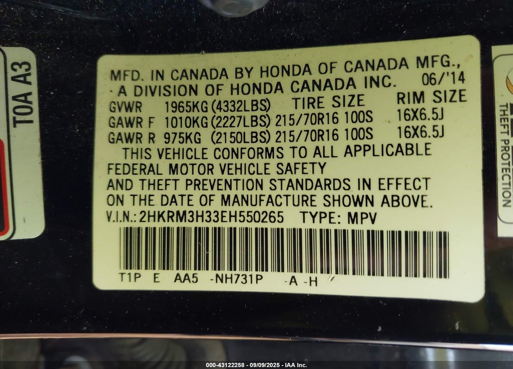 2014 HONDA CR-V VIN: 2HKRM3H33EH550265