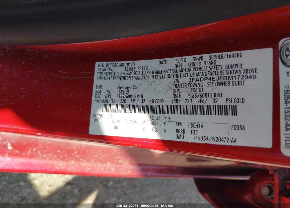 2011 FORD FIESTA SE VIN: 3FADP4EJ5BM172049