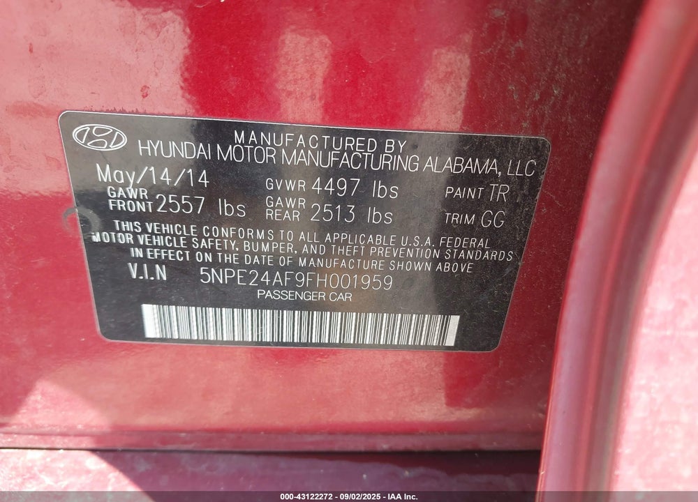 2015 HYUNDAI SONATA VIN: 5NPE24AF9FH001959