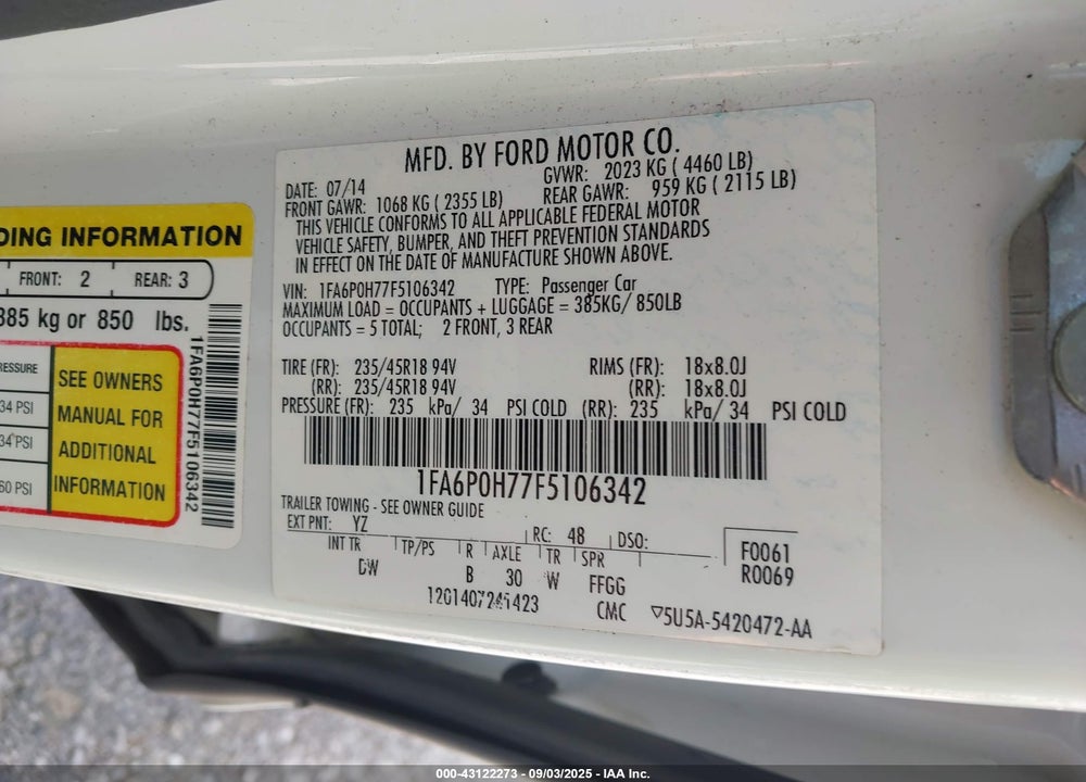 2015 FORD FUSION VIN: 1FA6P0H77F5106342