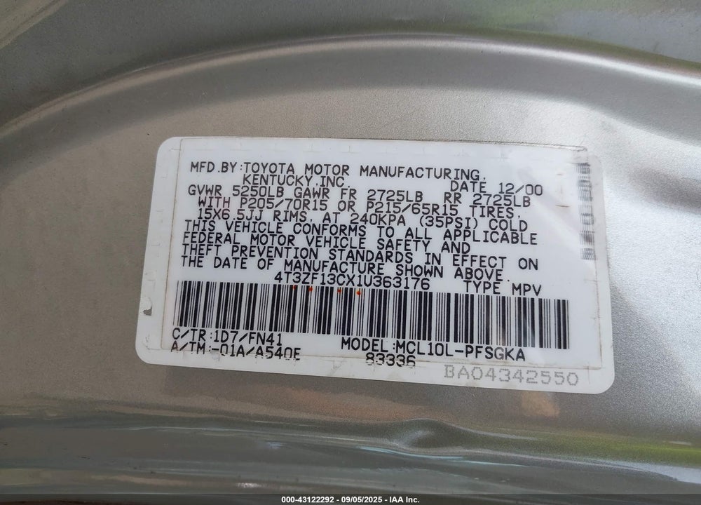 2001 TOYOTA SIENNA LE VIN: 4T3ZF13CX1U363176