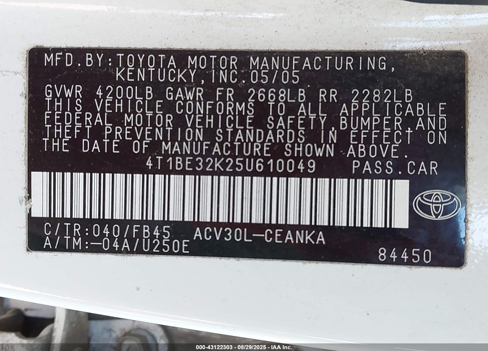 2005 TOYOTA CAMRY LE VIN: 4T1BE32K25U610049
