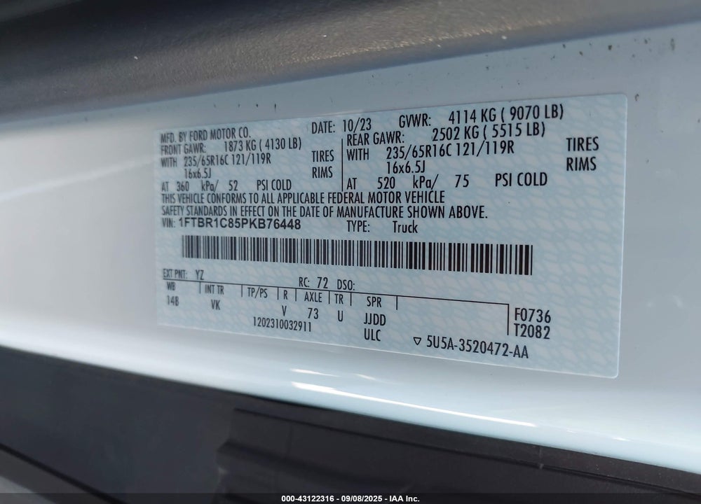2023 FORD TRANSIT-250 VIN: 1FTBR1C85PKB76448