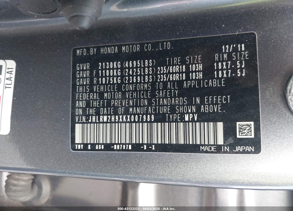 2019 HONDA CR-V TOURING VIN: JHLRW2H9XKX007989