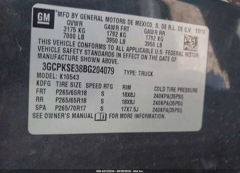 2011 CHEVROLET SILVERADO 1500 VIN: 3GCPKSE38BG204079