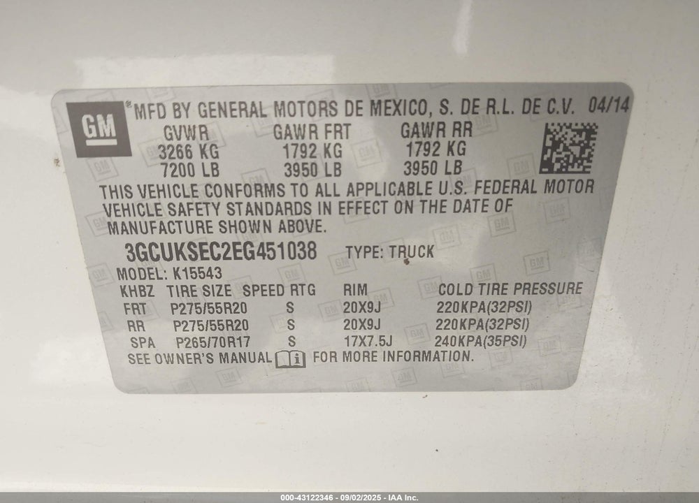 2014 CHEVROLET SILVERADO 1500 VIN: 3GCUKSEC2EG451038