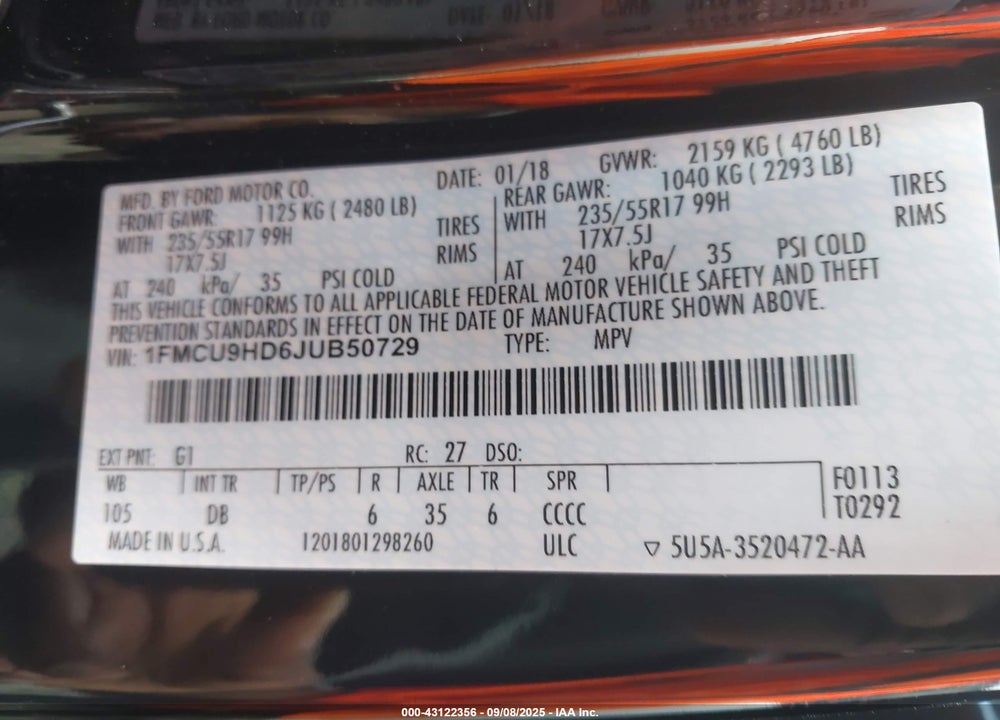 2018 FORD ESCAPE VIN: 1FMCU9HD6JUB50729