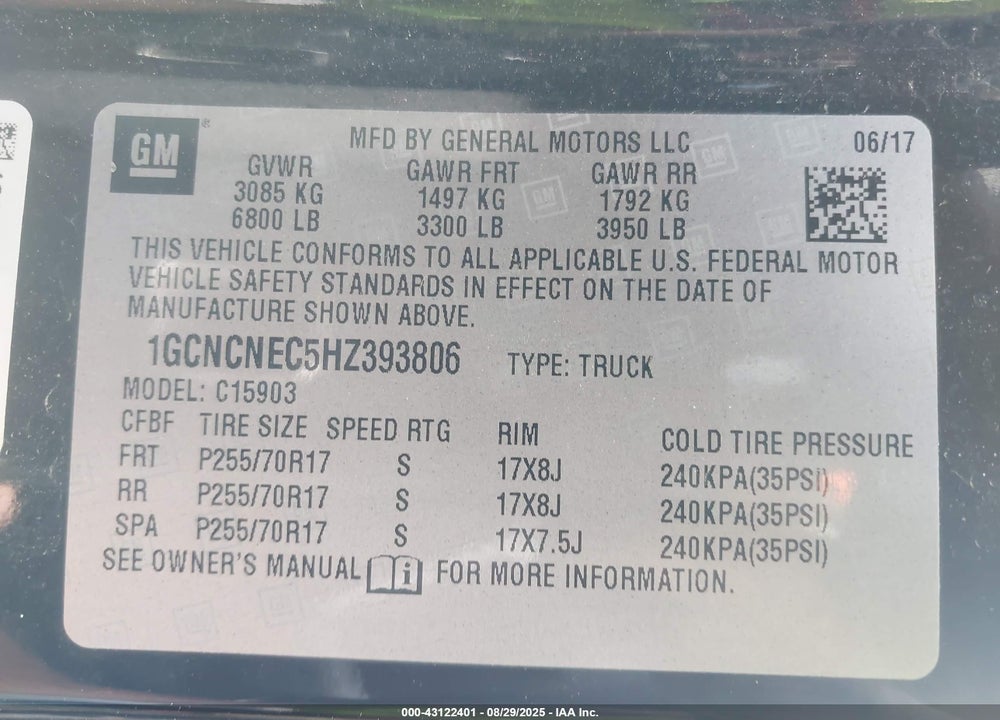 2017 CHEVROLET SILVERADO 1500 WT VIN: 1GCNCNEC5HZ393806
