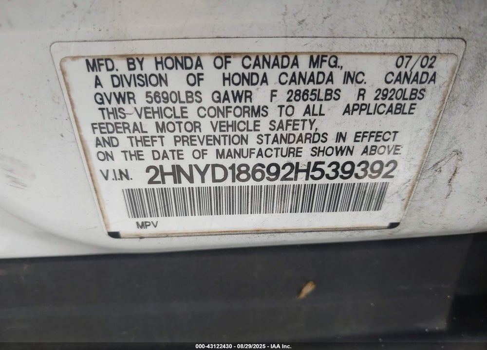 2002 ACURA MDX VIN: 2HNYD18692H539392