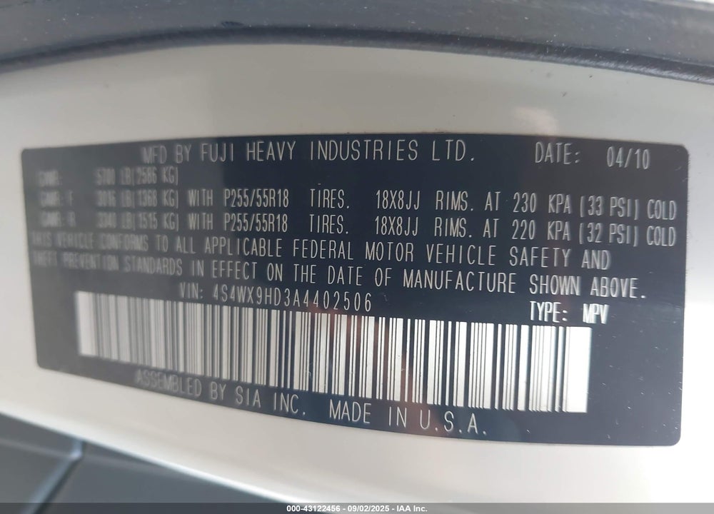 2010 SUBARU TRIBECA VIN: 4S4WX9HD3A4402506